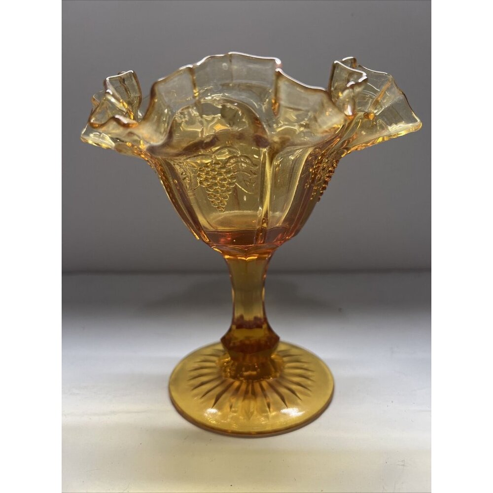 Red Cliff Amber Glass Grape Pattern Footed Ruffled Edge Compote Dish
